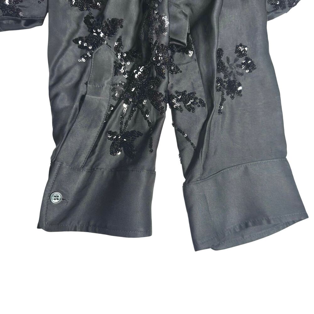 Zara | Women | Emerald Green Satin Floral Sequin LS Button Up Blouse | Small - Picture 11 of 16